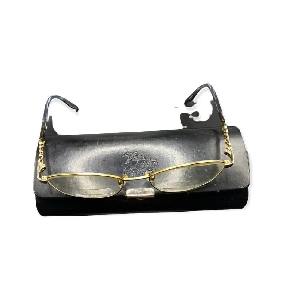 Saks Fifth Avenue 135 RV9 gold tone glasses side detail rhinestones & case